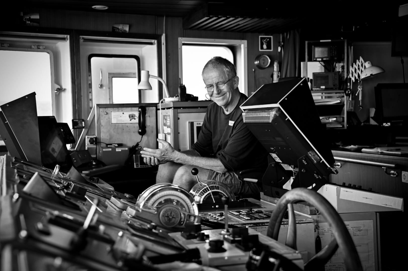 Captain Joachim keeps watch on the bridge. He has seen the Humanity 1 in both its research and rescue incarnations. 