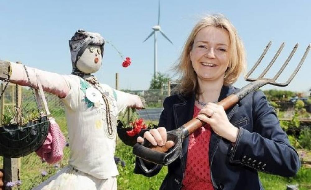 Liz Truss threatens a badger with a garden fork at the Family Action's Escape Allotment in Swaffham. Photo: Matthew Usher / edp24.co.uk/