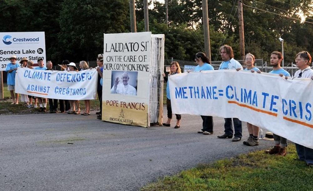 Seneca Lake defense = Climate defense. Protestors at Crestwood's Senaca Lake 'compression facility', 18th August 2015. Photo: via Facebook.