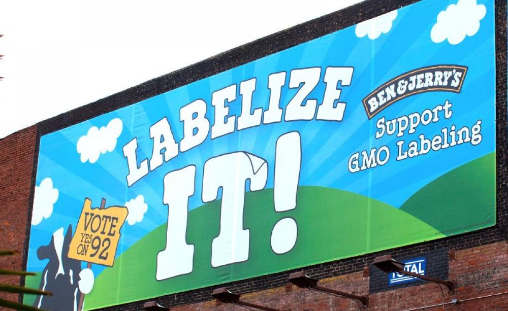 Ben &amp; Jerry's GMO Labeling poster in Portland, Oregon, 15th October 2014. Photo: anna Hanks via Flickr (CC BY).