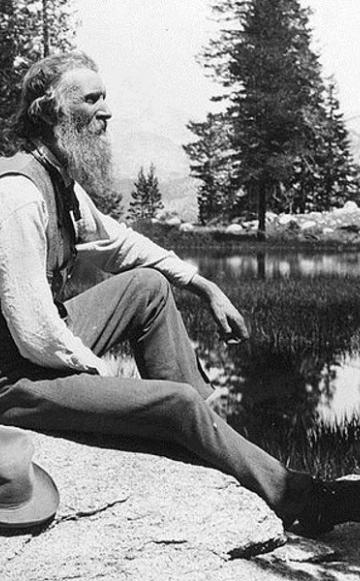 John Muir, full-length portrait, facing right, seated on rock with lake and trees in background, circa 1902. Photo: unknbown via Library of Congress (Public Domain).