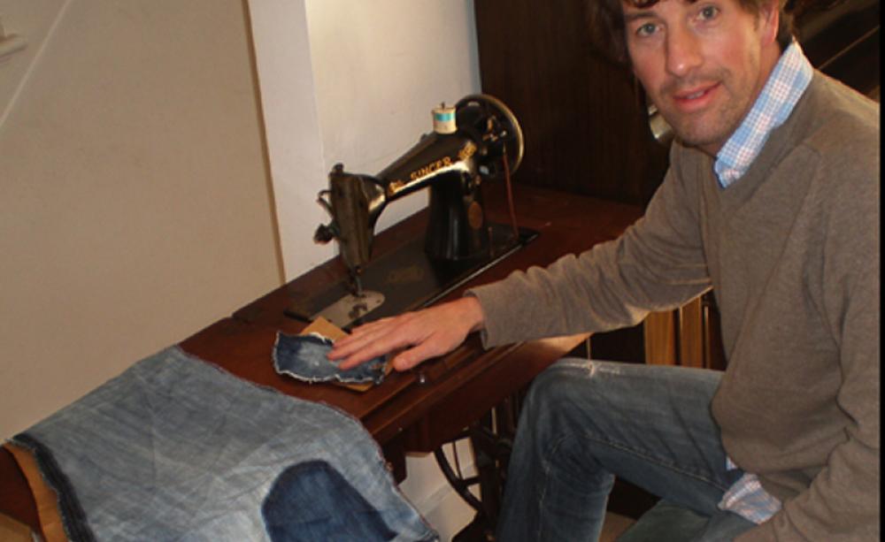 The author hard at work sewing