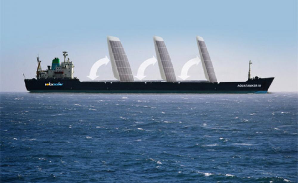 A cargo ship fitted with solar sails