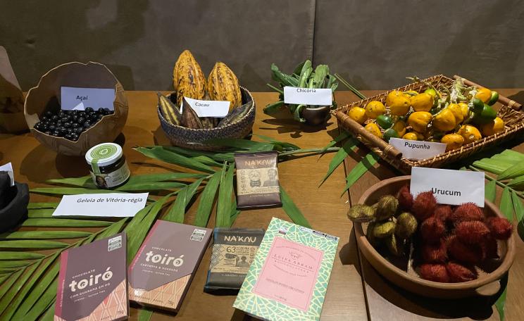 Food produced by Brazilian families and community cooperatives laid out on a table, including fruits and chocolate