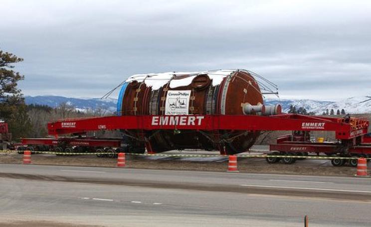Tar sands equipment just south of Missoula on 'megaload' transporters - whose free passage on rural roads is facing increasing opposition from impacted communities. Photo: Nicholas Brown via Flickr, CC BY-NC-SA 2.0.
