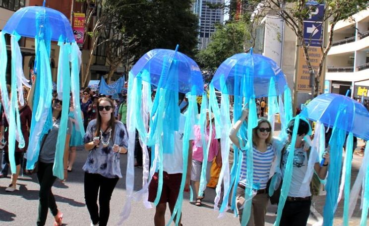 Australian charities that advocate for the environment could lose their tax privileges under proposed federal measures. Photo: protest rally for Great Barrier Reef, August 2013, Brisbane, by Stephen Hass via Flickr (CC BY).