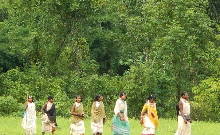 Women of the Dongria Kondh tribe make their way to a gram sabha hearing to determine their religious rights over the Niyamgiri mountain in Odisha, 13th August 2013. Photo: jimanish via Flickr (CC BY-NC-SA).