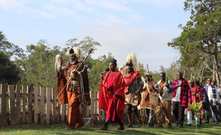 Elders of the Kikuyu and Maasai People opene a colourful graduation ceremony at Bantu Lodge near Mount Kenya with a dawn blessing. (c) Gaia Foundation